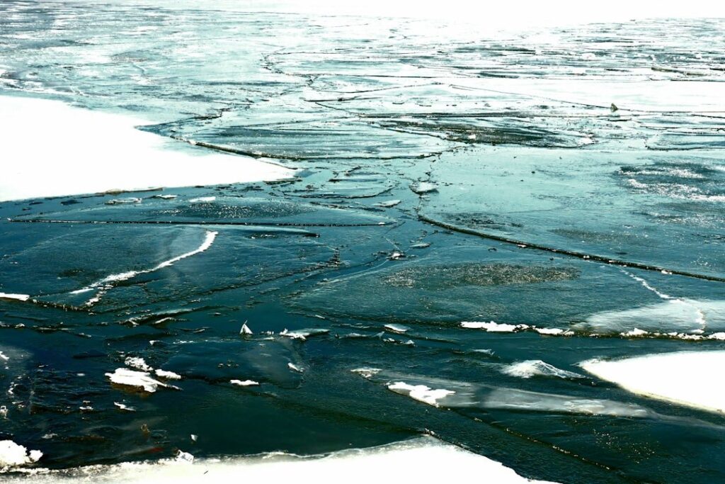 a river that has some ice on it