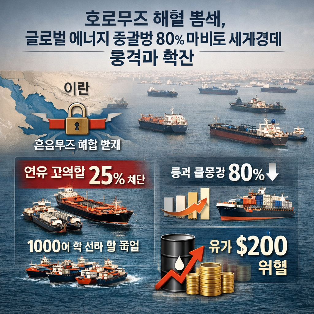 호르무즈 해협 봉쇄, 글로벌 에너지 공급망 80% 마비로 세계경제 충격파 확산